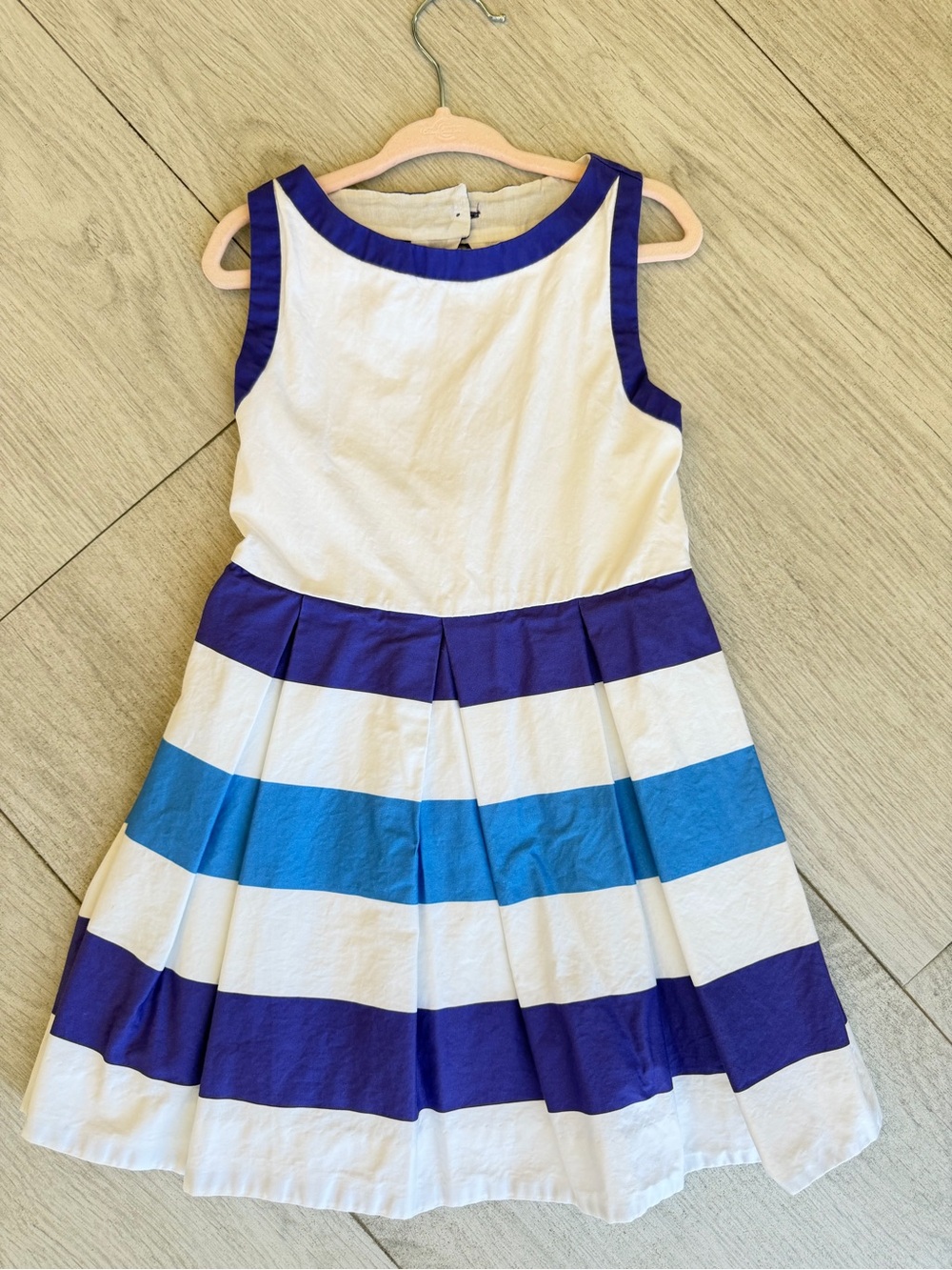 Jacadi Paris Girls Striped Dress White Navy Blue Pleated Skirt Size 4T